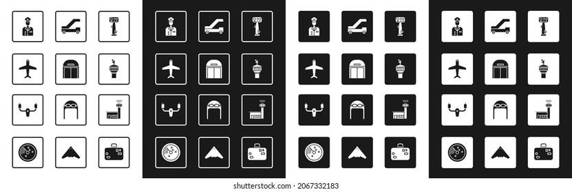 Set Aircraft steering helm, hangar, Plane, Pilot, Radar, Passenger ladder for plane boarding, Airport control tower and  icon. Vector