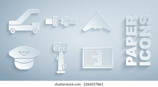 Set Aircraft steering helm, Jet fighter, Pilot hat, Airport board, Safety belt and Passenger ladder for plane boarding icon. Vector