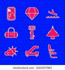 Set Aircraft steering helm, Passenger ladder for plane boarding, Airplane seat, Jet fighter, Sun and cloud weather, Suitcase, Plane landing and window icon. Vector