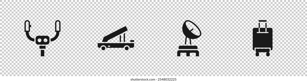 Set Aircraft steering helm, Passenger ladder, Radar and Suitcase icon. Vector