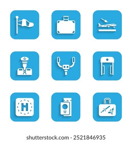 Set Aircraft steering helm, Passport with ticket, Suitcase, Metal detector airport, Helicopter landing pad, Pilot, Plane and Cone meteorology windsock icon. Vector