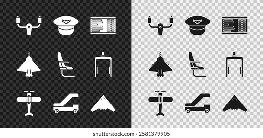 Set Aircraft steering helm, Pilot hat, Airport board, Plane, Passenger ladder for plane boarding, Jet fighter,  and Airplane seat icon. Vector