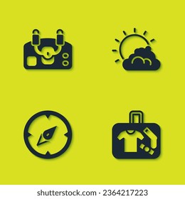 Set Aircraft steering helm, Suitcase, Compass and Sun and cloud weather icon. Vector
