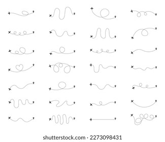Set of aircraft trajectories. Airplane path with destination. Vector illustration.