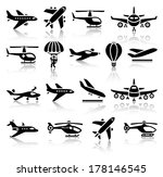 Set of aircrafts black icons. Vector illustrations, silhouettes isolated on white background