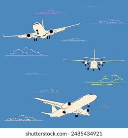 Set of aircrafts and colored clouds. Ideal design elements for backgrounds and wallpapers. Marvelous blue sky pattern. Perfect for travel, aviation, and transportation themes. Muted colors.