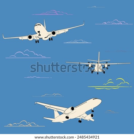 Set of aircrafts and colored clouds. Ideal design elements for backgrounds and wallpapers. Marvelous blue sky pattern. Perfect for travel, aviation, and transportation themes. Muted colors.