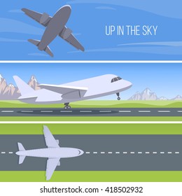 Set of aircrafts. Runway with jet top view. Take off and landing planes. Vector.