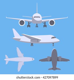 Set Of Aircrafts. Top, Side, Front, Bottom View Of Plane. Vector.