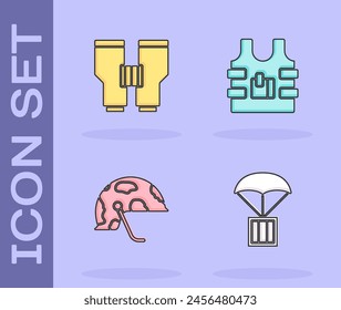 Set Airdrop box, Binoculars, Military helmet and Bulletproof vest icon. Vector