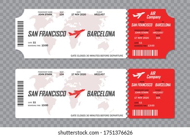 Set of airline boarding pass tickets on a transparent background