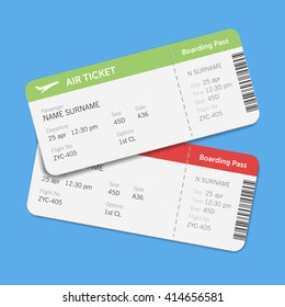 Set of the airline boarding pass tickets with shadow. Isolated on blue background. Vector flat design