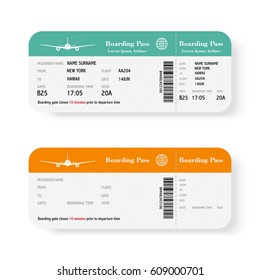 Set of the airline boarding pass tickets with shadow. Isolated on white background. Vector illustration.