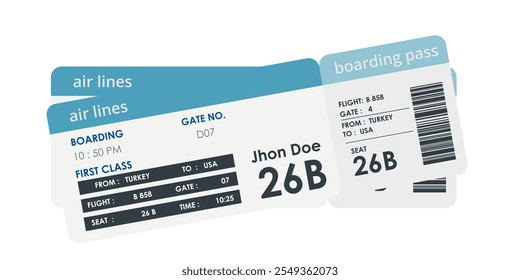 Set of airline boarding passes with seat numbers and flight details.