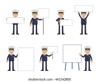 Set of airline pilot characters posing with different blank banners. Cheerful pilot with paper, poster, placard, pointing to whiteboard. Teach, advertise, promote. Flat style vector illustration