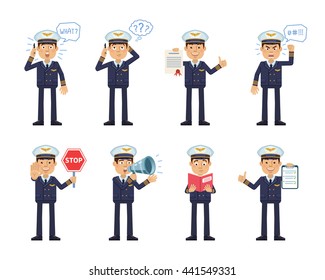 Set of airline pilot characters posing in different situations. Cheerful pilot talking on phone, surprised, thinking, angry, holding stop sign, loudspeaker, document, book. Flat vector illustration