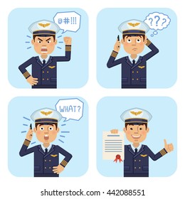 Set of airline pilot characters posing in different situations. Cheerful pilot talking on the phone, thinking, surprised, angry, holding document. Flat style vector illustration