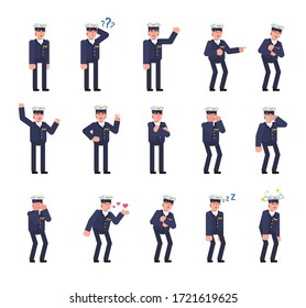 Set of airline pilot characters showing various emotions. Pilot laughing, angry, tired, thinking, sleeping and showing other expressions. Minimal design vector illustration