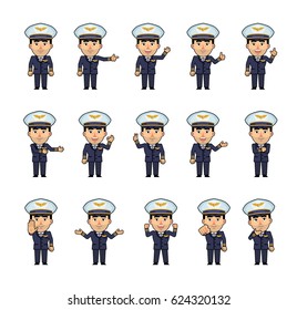 Set of airline pilot characters showing various hand gestures. Funny captain pointing, greeting, showing thumb up, victory, stop sign and other hand gestures. Simple vector illustration