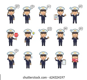 Set of airline pilot characters showing various actions, emotions. Captain talking on phone, thinking, surprised, holding document, reading a book and doing other actions. Simple vector illustration