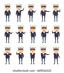 Set of airline pilot characters showing various hand gestures. Funny airman pointing, greeting, showing thumb up, victory hand and other gestures. Simple vector illustration