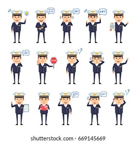 Set of airline pilot characters showing various actions, emotions. Funny airman talking on phone, angry, crying, holding stop sign, reading book and showing other actions. Flat vector illustration