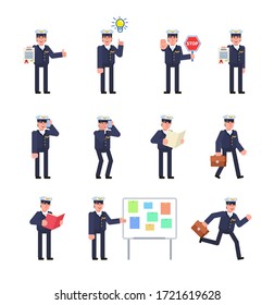 Set of airline pilot characters in various situations. Pilot holding document, stop sign, reading book, walking and showing other actions. Minimal design vector illustration