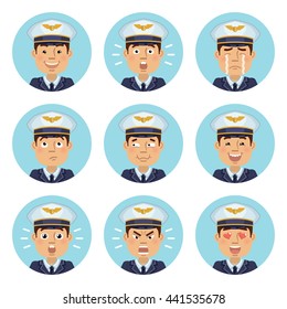 Set of airline pilot emoticons. Pilot avatars showing different emotions. Happy, smile, sad, cry, angry, love, surprised, upset, laugh and other facial expressions. Flat style vector illustration