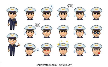 Set of airline pilot emoticons. Funny captain emojis showing various facial expressions. Happy, sad, smile, laugh, shocked, tired, angry, dazed, sleepy and other emotions. Simple vector illustration
