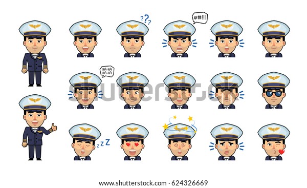 Set Airline Pilot Emoticons Funny Captain Stock Vector (Royalty Free ...