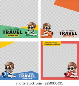 Set of airline promotion template with cartoon character. Vector illustration
