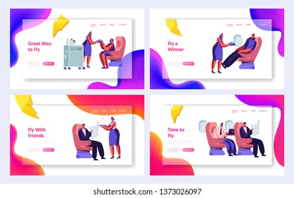 Set of Airline Service Website Landing Page Templates. Airplane Crew and Passenger Characters in Plane. Stewardess Serving People in Economy Class. Web Page. Cartoon Flat Vector Illustration, Banner