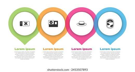 Set Airline ticket, Action camera, Man hat with ribbon and Airplane window. Business infographic template. Vector