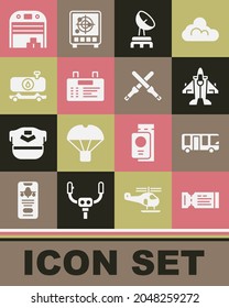 Set Airline ticket, Airport bus, Jet fighter, Radar, board, Fuel tanker truck, Aircraft hangar and Marshalling wands icon. Vector