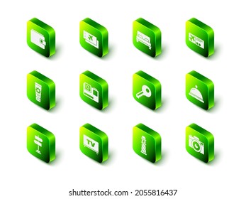 Set Airline ticket, Big bed, Hotel service bell, Photo camera, Key, Lighthouse and Smart Tv icon. Vector