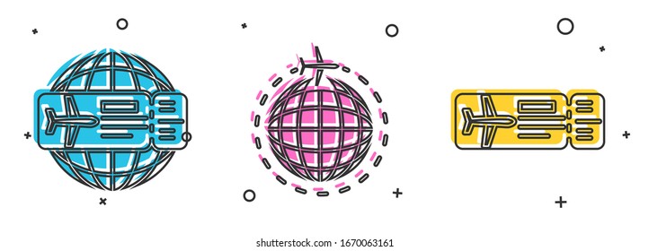 Set Airline ticket, Globe with flying plane and Airline ticket icon. Vector