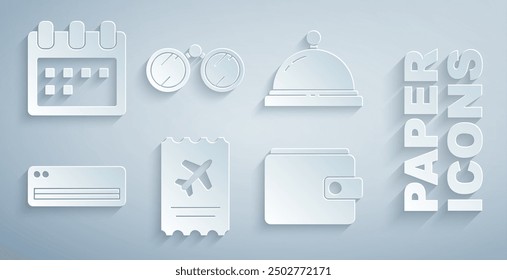 Set Airline ticket, Hotel service bell, conditioner, Wallet, Binoculars and Calendar icon. Vector