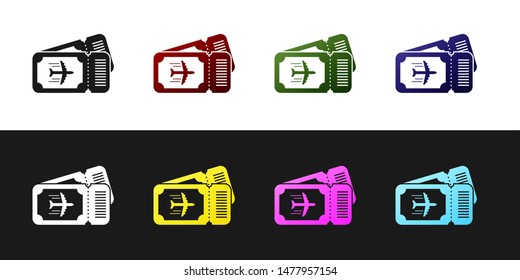 Set Airline ticket icon isolated on black and white background. Plane ticket.  Vector Illustration
