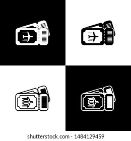 Set Airline ticket icon isolated on black and white background. Plane ticket.  Vector Illustration