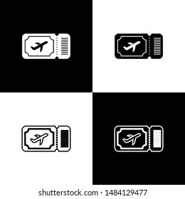 Set Airline ticket icon isolated on black and white background. Plane ticket.  Vector Illustration