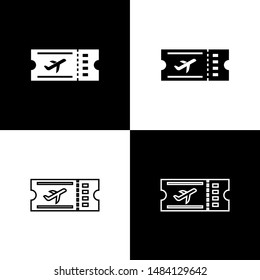 Set Airline ticket icon isolated on black and white background. Plane ticket.  Vector Illustration