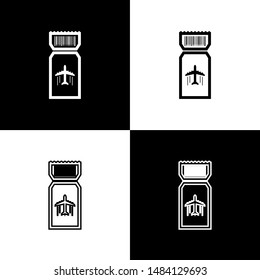Set Airline ticket icon isolated on black and white background. Plane ticket.  Vector Illustration
