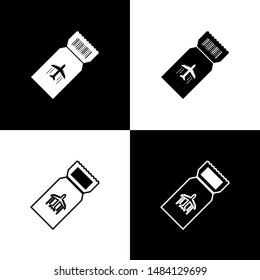 Set Airline ticket icon isolated on black and white background. Plane ticket.  Vector Illustration