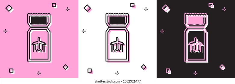 Set Airline ticket icon isolated on pink and white, black background. Plane ticket.  Vector Illustration