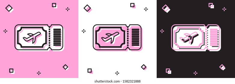 Set Airline ticket icon isolated on pink and white, black background. Plane ticket.  Vector Illustration