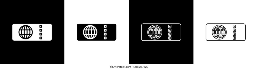 Set Airline ticket icon isolated on black and white background. Plane ticket.  Vector Illustration