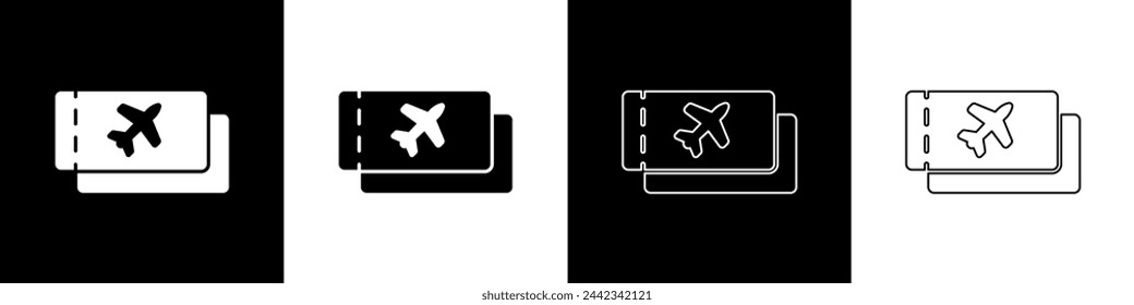 Set Airline ticket icon isolated on black and white background. Plane ticket.  Vector Illustration