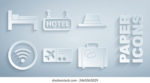 Set Airline ticket, Man hat with ribbon, Wi-Fi wireless internet network, Suitcase, Signboard text Hotel and Bed icon. Vector