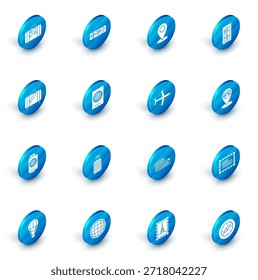 Set Airline Ticket, Map Pin, Smartphone mit elektronischer Bordkarte Airline, Koffer für Reisen und Aufkleber, Pass, biometrische Daten, Zeiger Ägypten Pyramiden und Flugzeug Symbol. Vektorgrafik