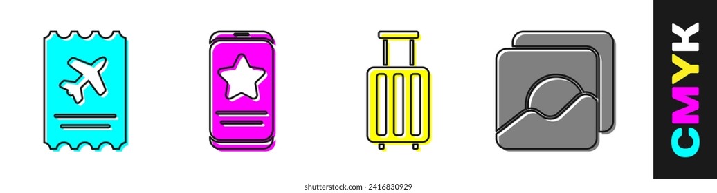 Set Airline ticket, Mobile with review rating, Suitcase and Photo icon. Vector